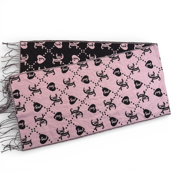 Juicy Couture Scarf Black Pink Heart Logo Print Fringe Reversible - Picture 4 of 6